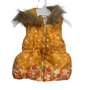 Little Lass Toddler Girls Floral Puffer Vest Faux Fur Hood Size 4T Multicolor